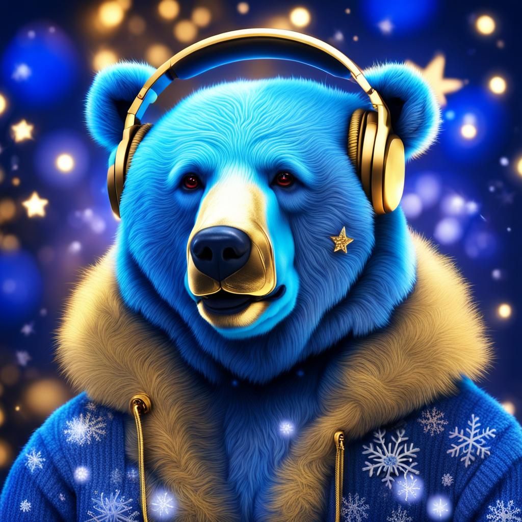 Festive Blue Bear Portrait with Neon Lights