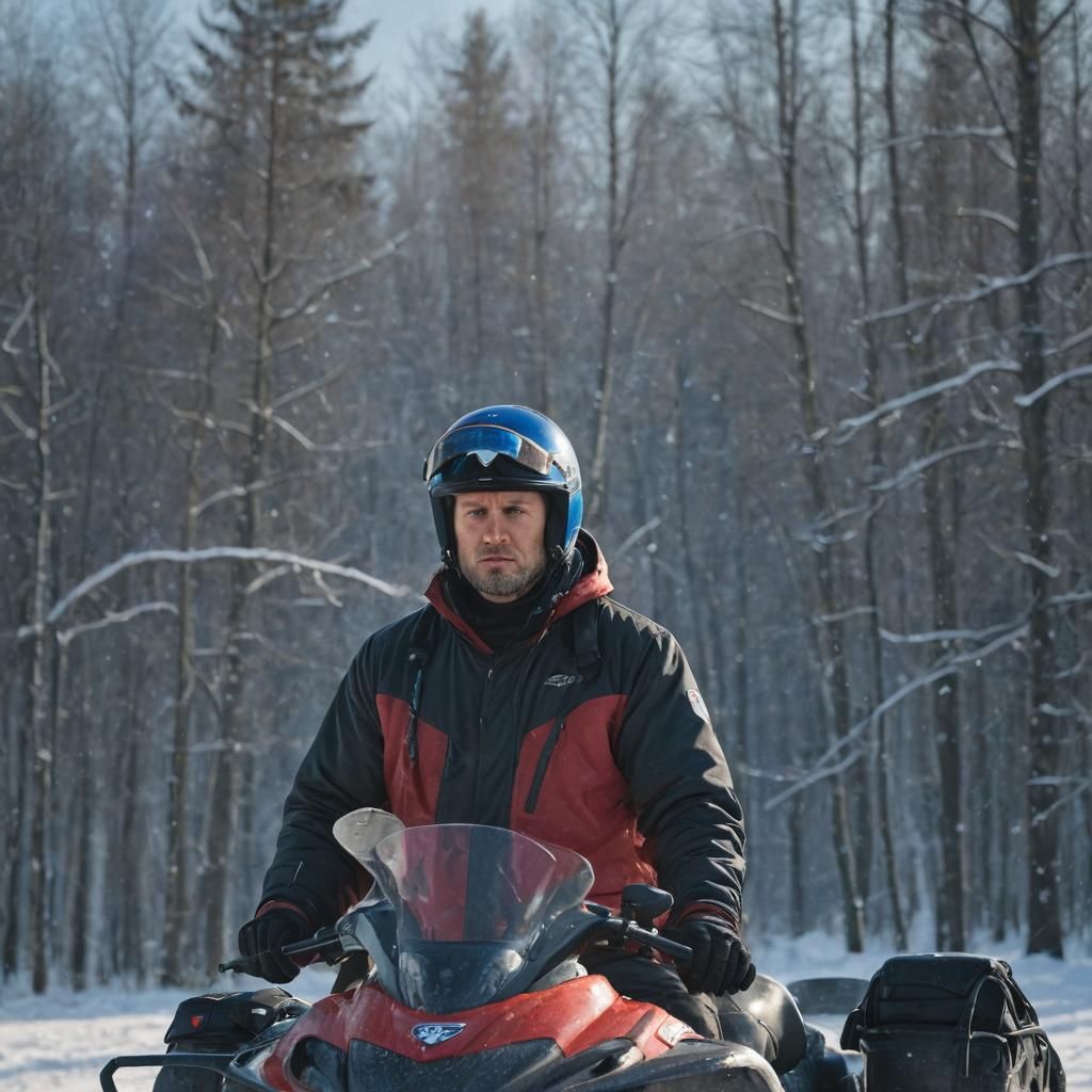 Confident Slavic Man on Snowmobile in Winter Landscape