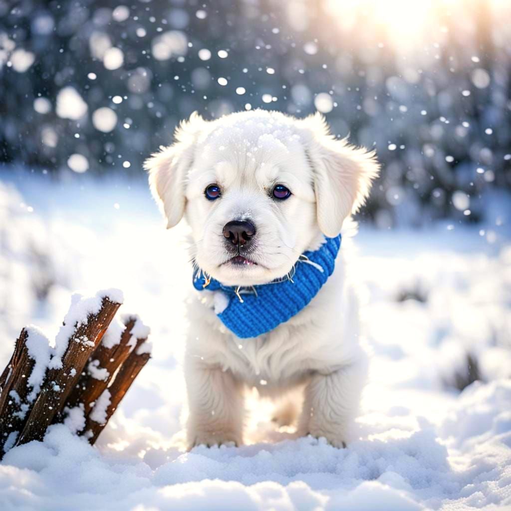 Cute White Puppy Playing in the Snow