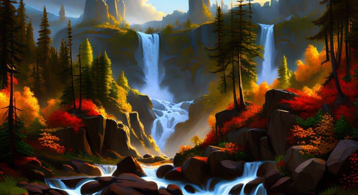 Majestic Waterfall Landscape in Classic Painting Style