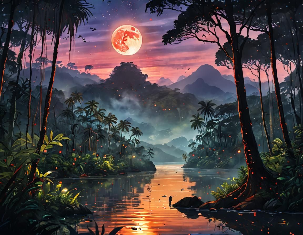 Rainforest Sunset with Blood Moon in Watercolor Style