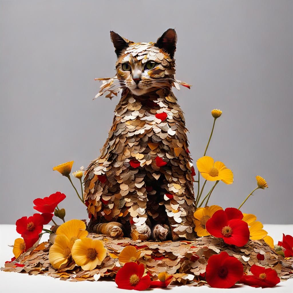 Cat Surrounded by Flowers in Woven Tapestry Style