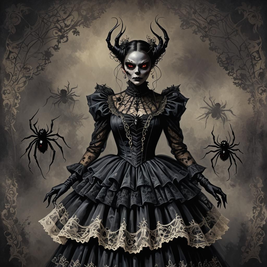 Spider Demon in Gothic Lace Dress Macabre Painting