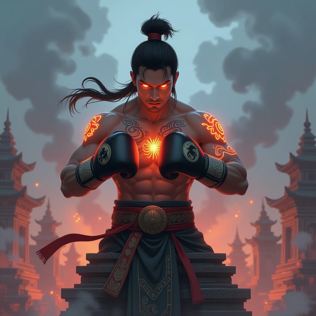 Muay Thai Warrior on Ziggurat in Anime Style