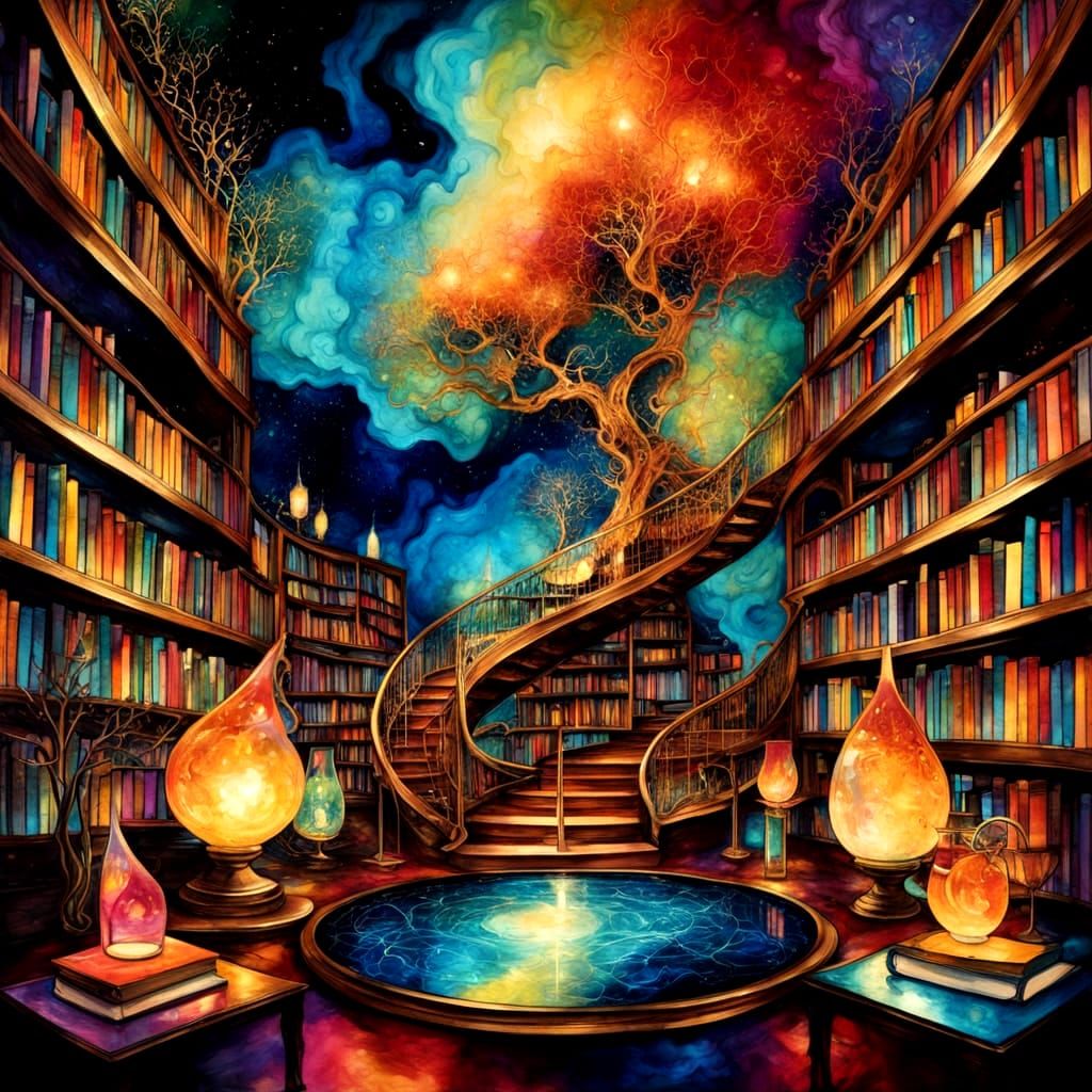 Ethereal Fantasy Library in Vibrant Oil Paint