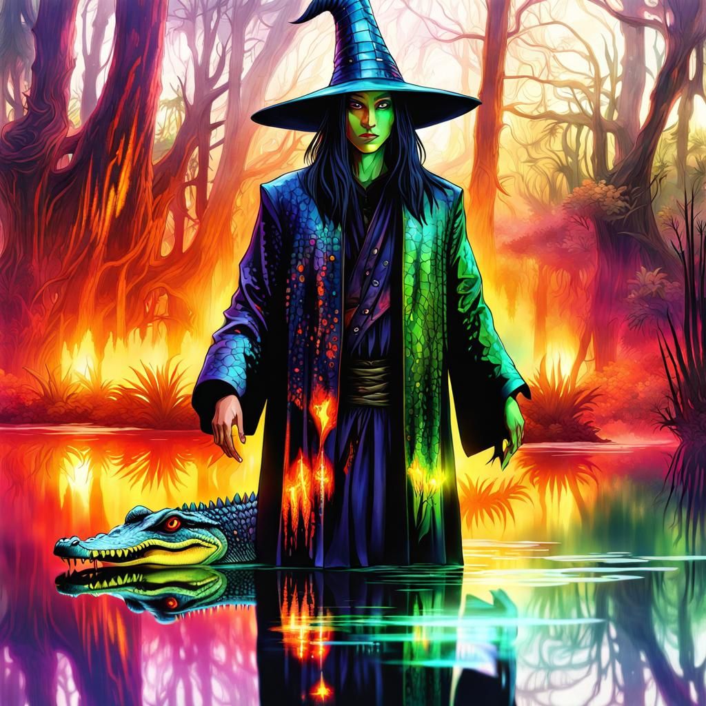 Gothic Swamp Wizard with Alligator in Anime Style