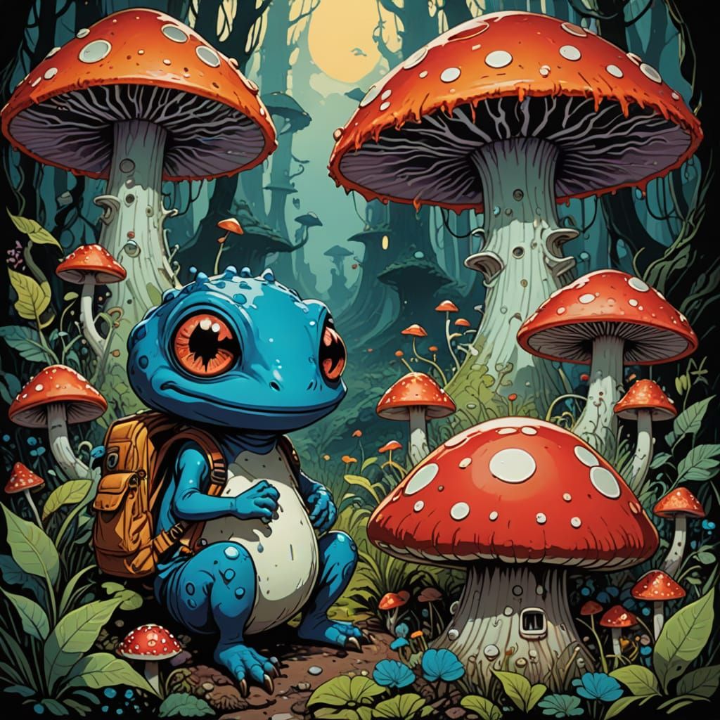 Whimsical Monster and Mushroom in Fantastical Landscape