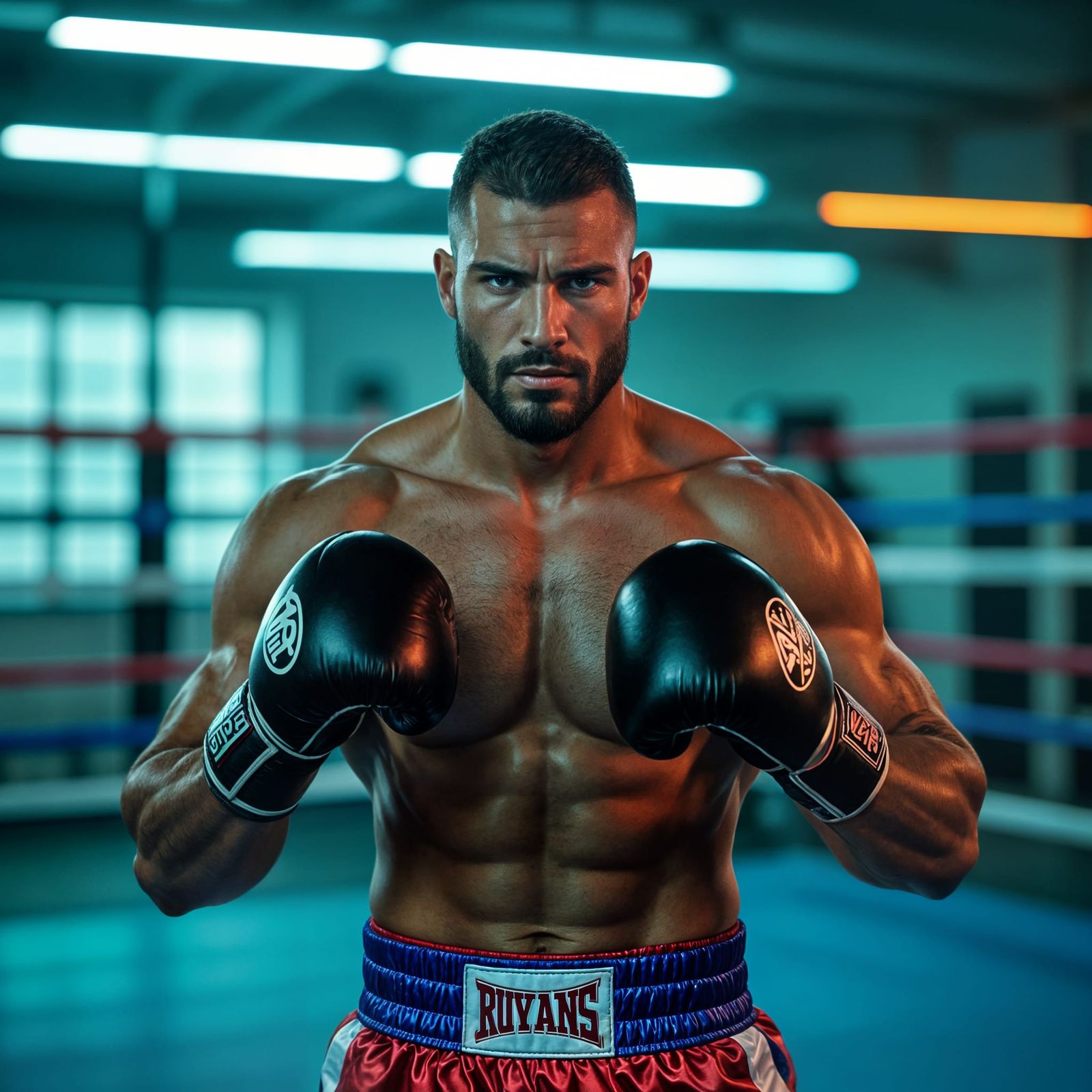 Cuban Boxer in Neon-Lit Gym: Hyperrealistic Photography