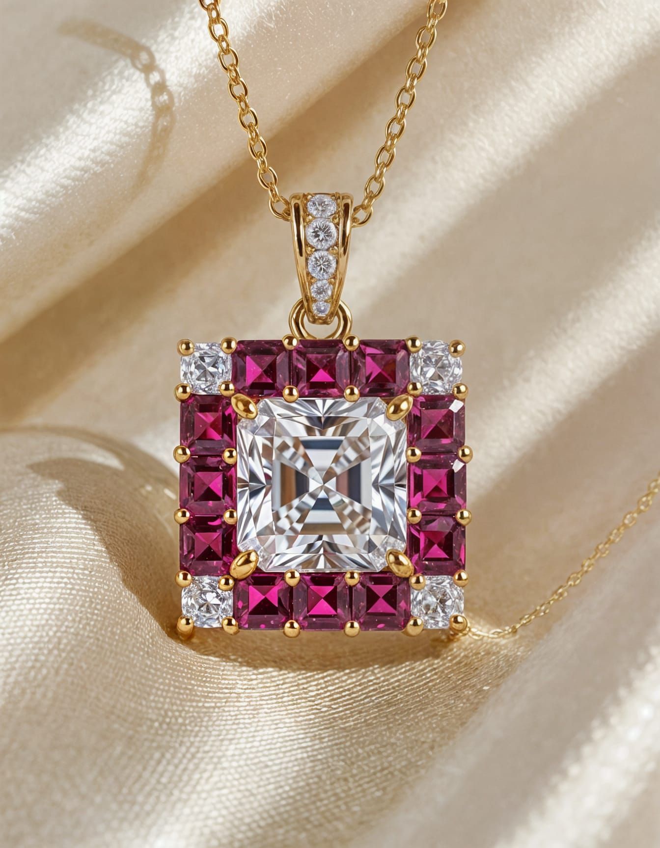 Diamond and Ruby Pendant in Delicate Gold Mount