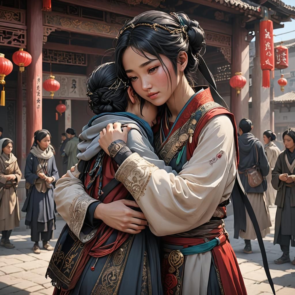 Chinese and Afghan Girls Hugging: 3D Anime Art