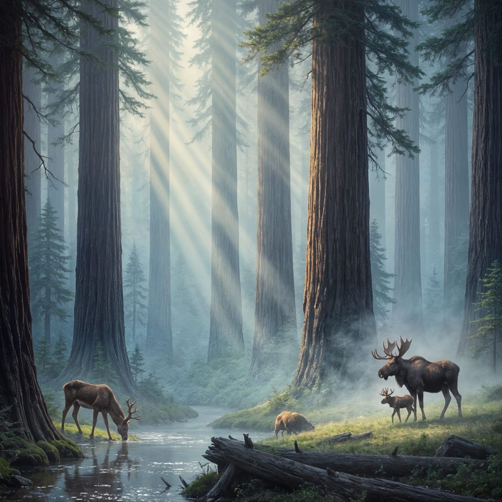 Misty Redwood Forest with Moose and Deer