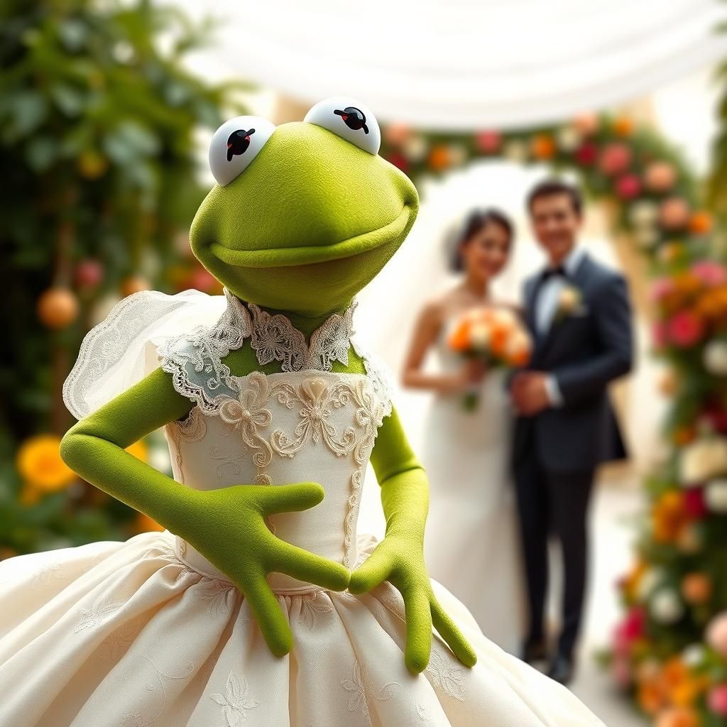 Kermit the frog photobombs a wedding photo