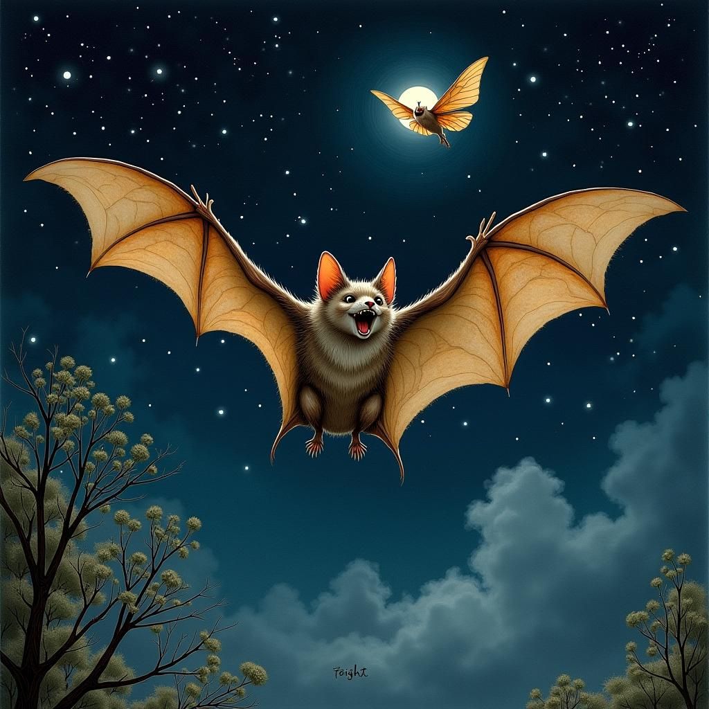 Bat Captures Moth Under Starry Night, Illustrated