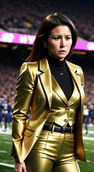 Sideline Reporter in Gold Suit at Football Game