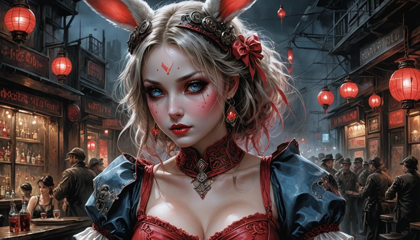 Bunny Girl in Post-Apocalyptic Cabaret, Acrylic Painting