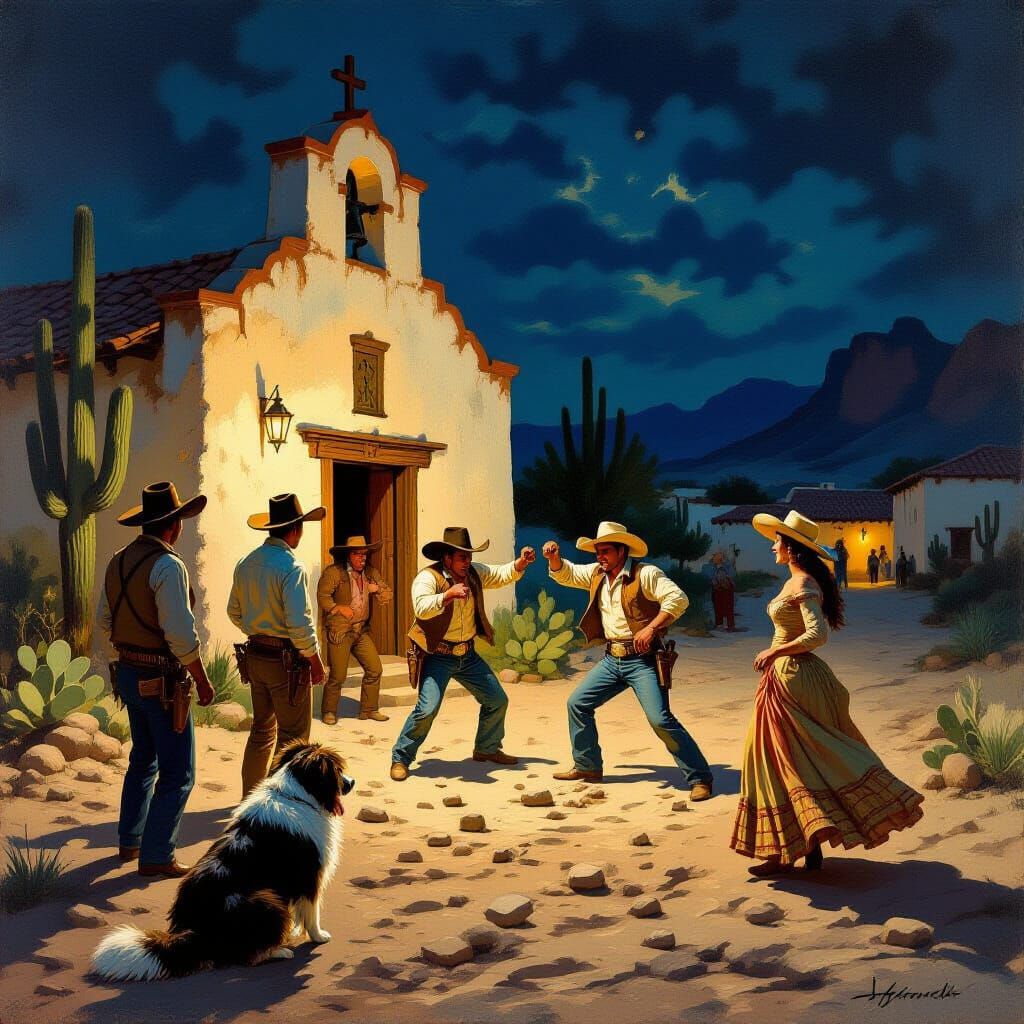 Mexican Cowboys Fistfight Under Lamplight