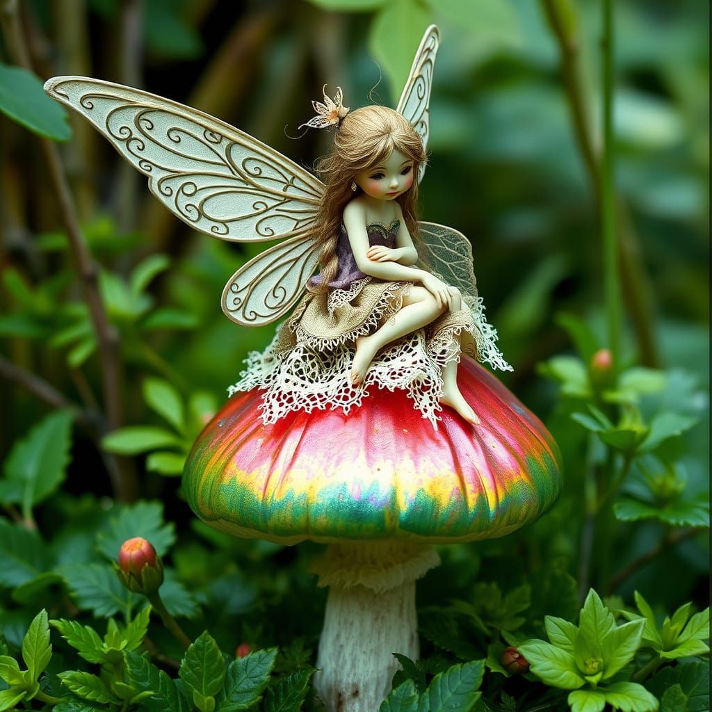 Whimsical Fairy Sits atop Lush Toadstool in Dreamlike Landsc...