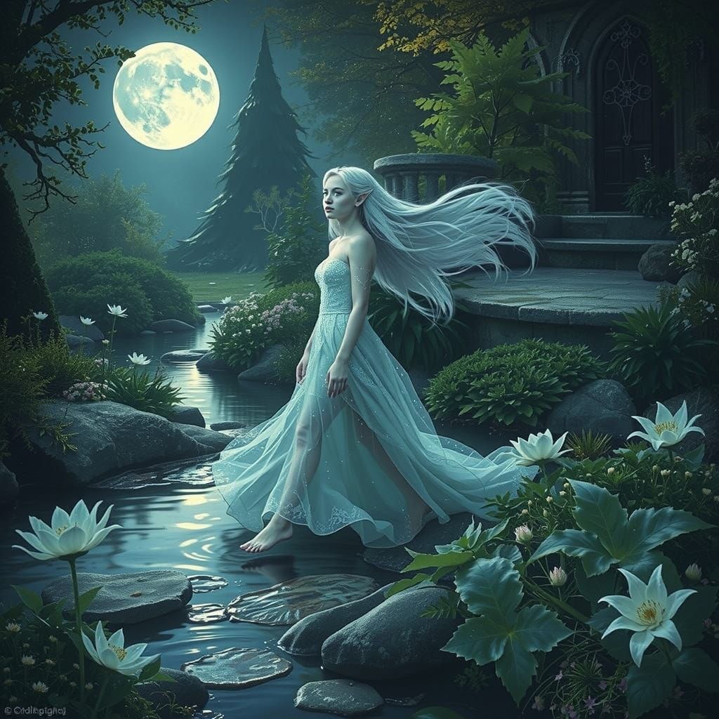 Elven Maiden in Bioluminescent Moonlit Garden
