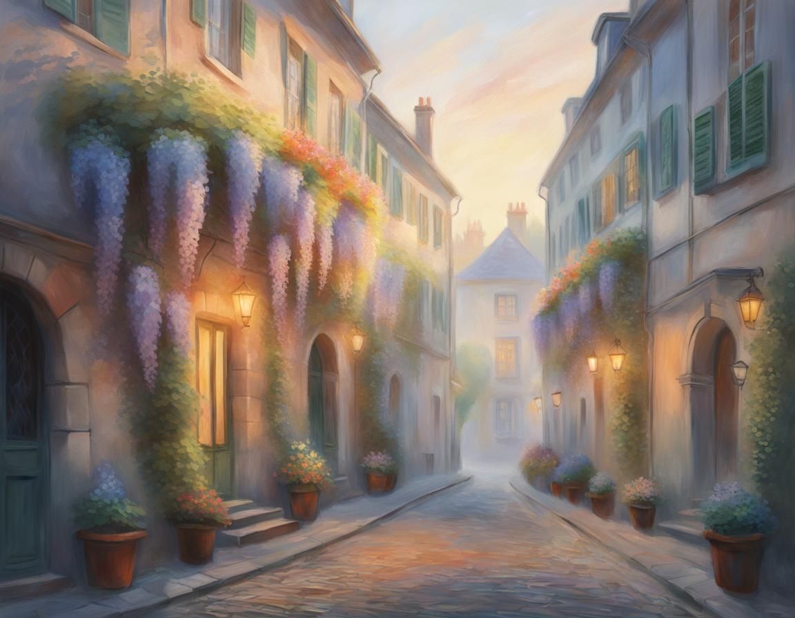 Impressionist Old European City Street at Dawn