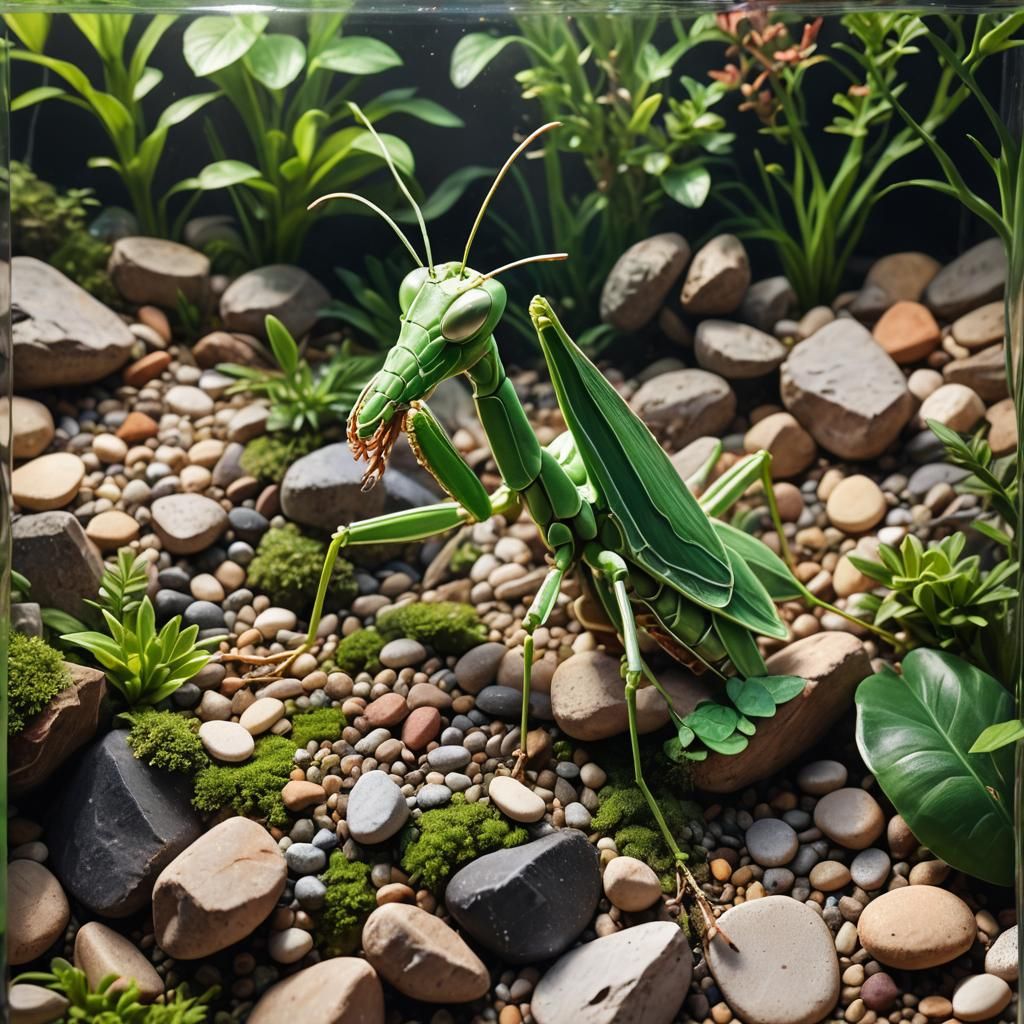 Lush Green Terrarium with Praying Mantis: Hyperrealistic
