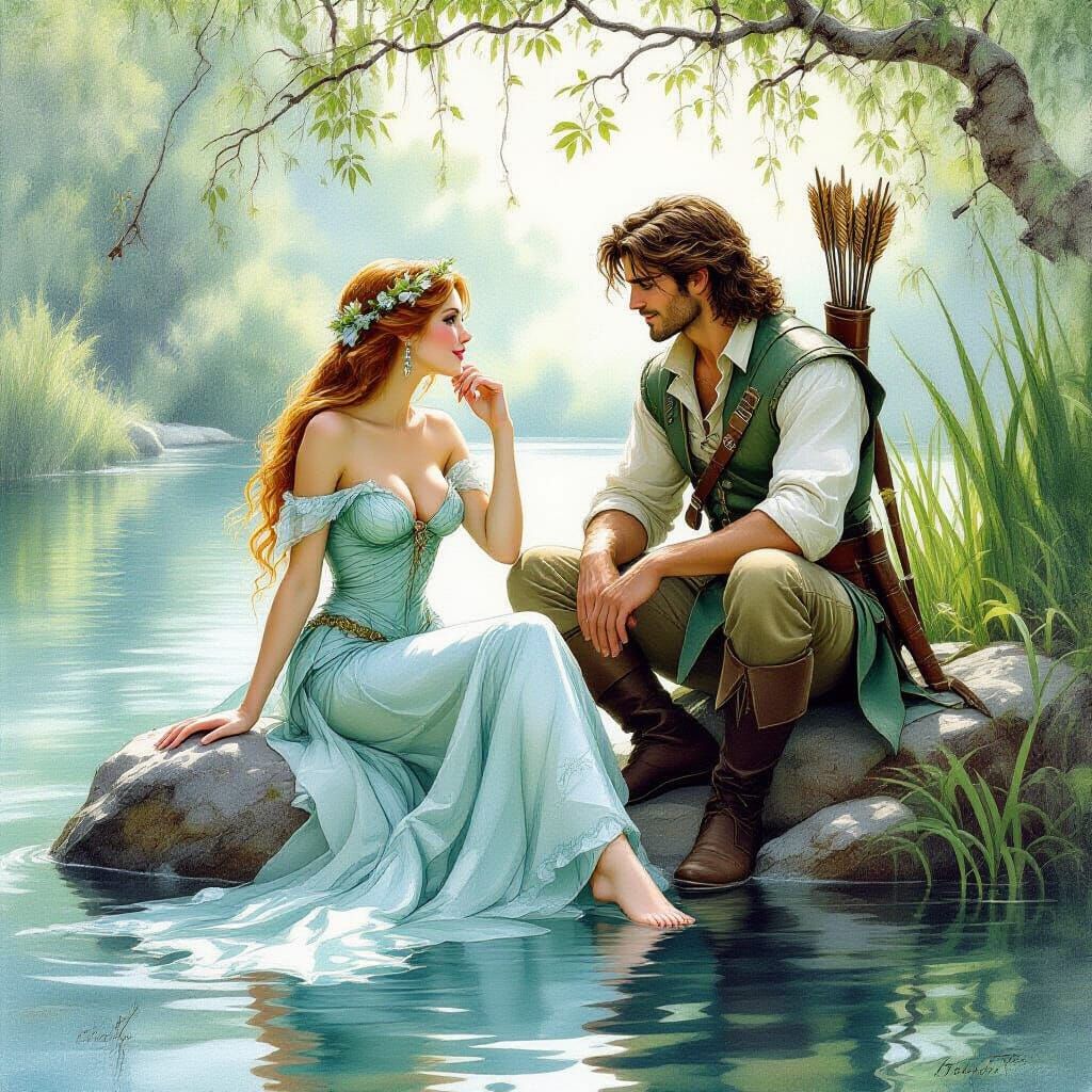 Nymph Flirting with Ranger in Watercolor Style