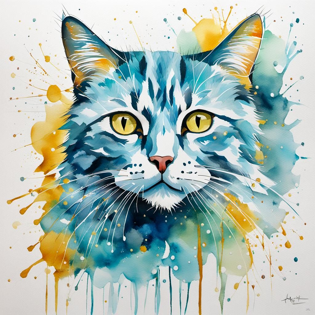 Encaustic Folk Art Cat with Gold Etchings