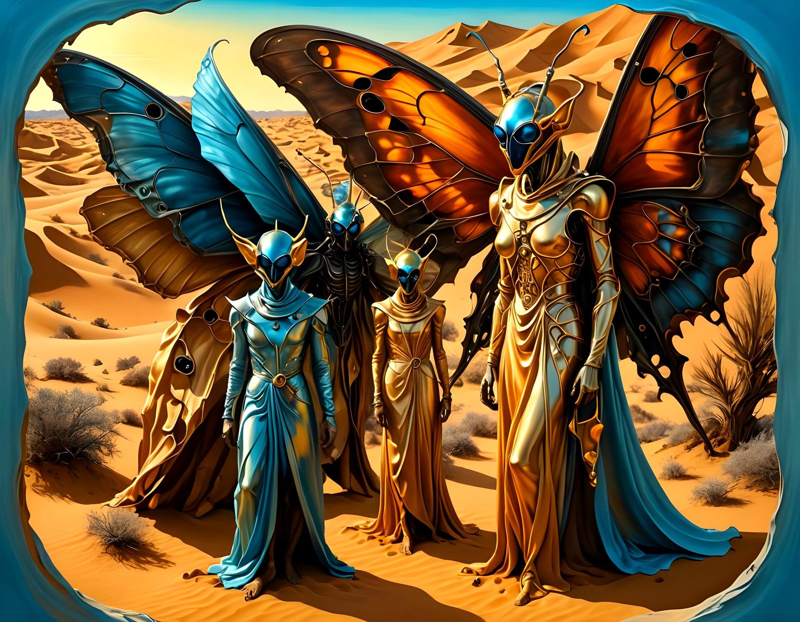 Surreal Moth People Gathering in Desert Landscape