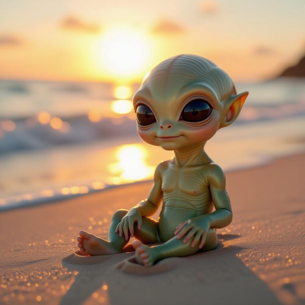 Baby Alien on Serene Beach at Golden Hour