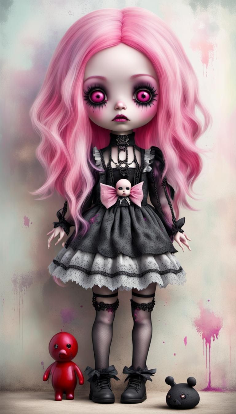 Sad Pink-Haired Gothic Doll in a Colorful Setting