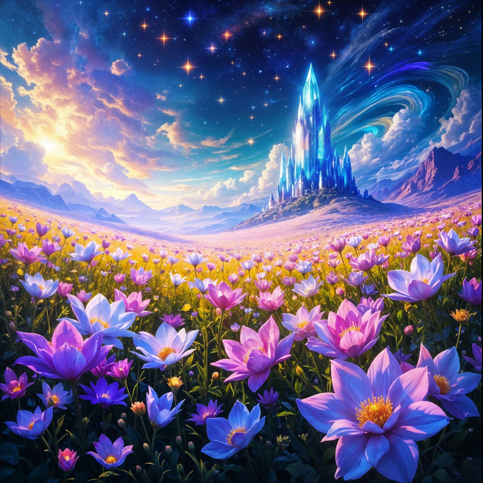 Dreamlike Bioluminescent Garden with Crystal Castle in the D...