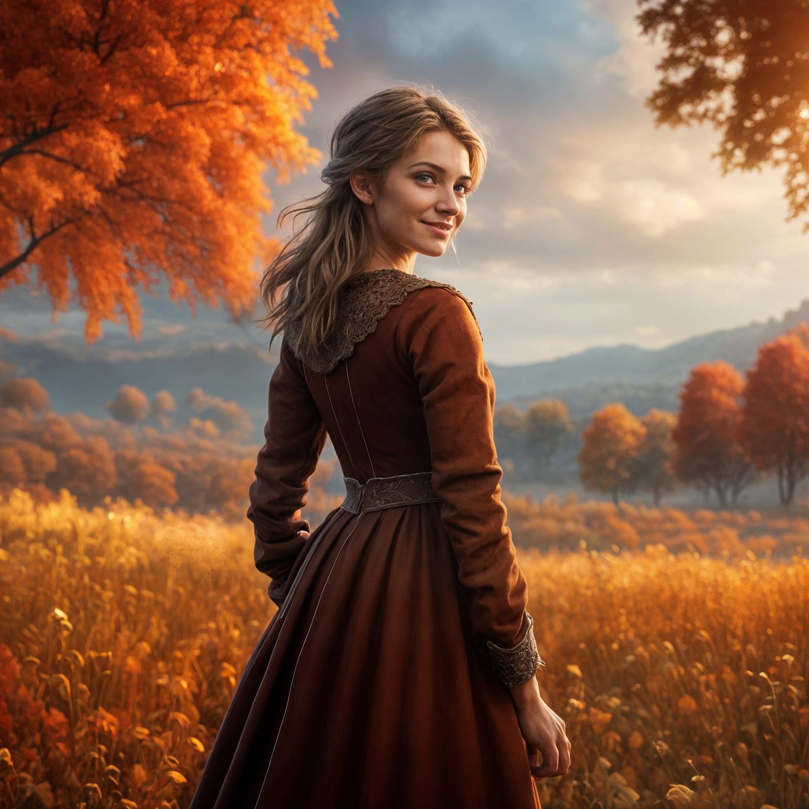 Girl in Autumn Field: Detailed Matte Painting