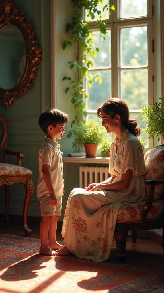 Cozy Living Room Scene with Mother and Son