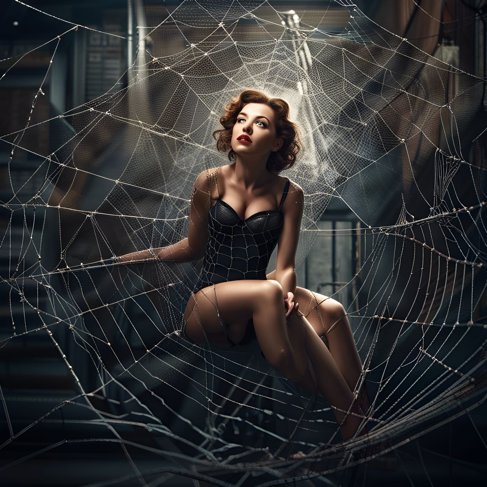 Pin-Up Girl Entangled in a Giant Spiderweb
