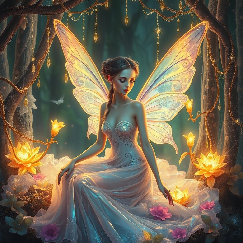 fairy portrait , mystical scene, ethereal, bioluminiscent, gold wires, fairy in a charmed forest iridescent hyperrealism...