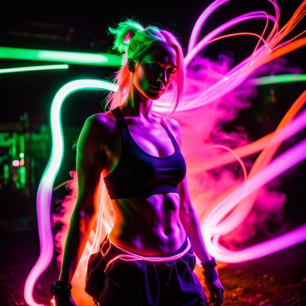 A raver girl posing, full body shot, pink Chemiluminescence ...
