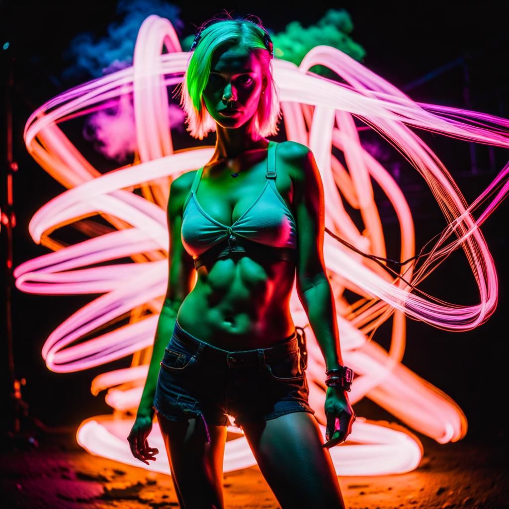 A raver girl posing, full body shot, pink Chemiluminescence ...