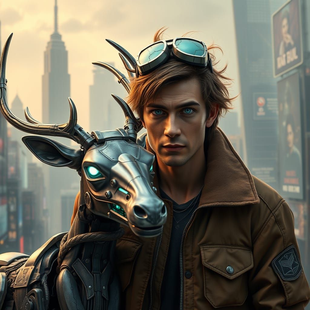 Cyberpunk Man and Robotic Deer in Neon Cityscape