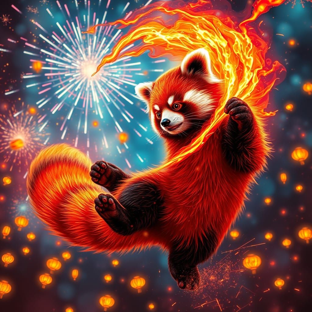 Whirlwind of Crimson Radiance: Red Panda in Neon Bliss