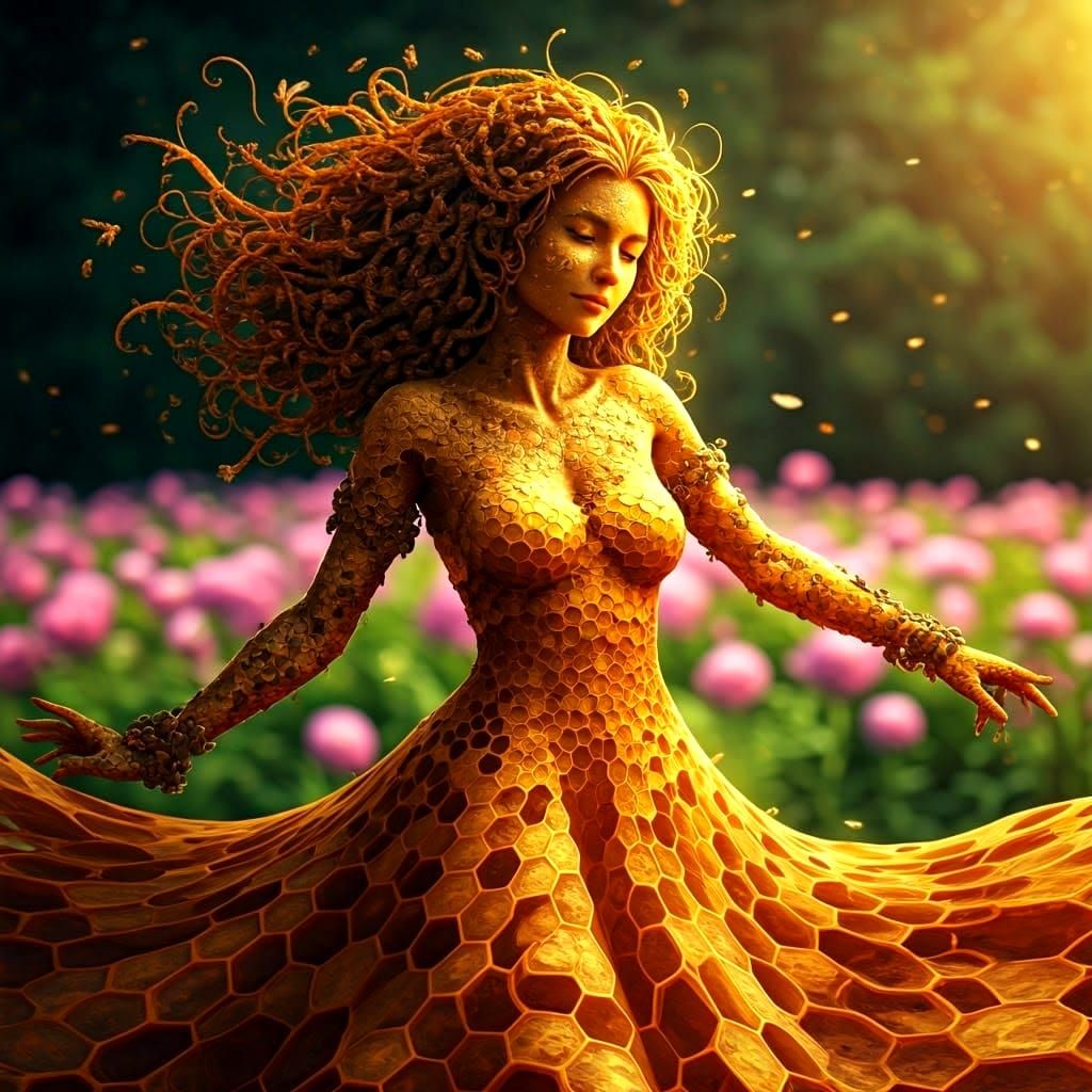Hyperrealistic Honeycomb Hippie Woman in a Lush Garden