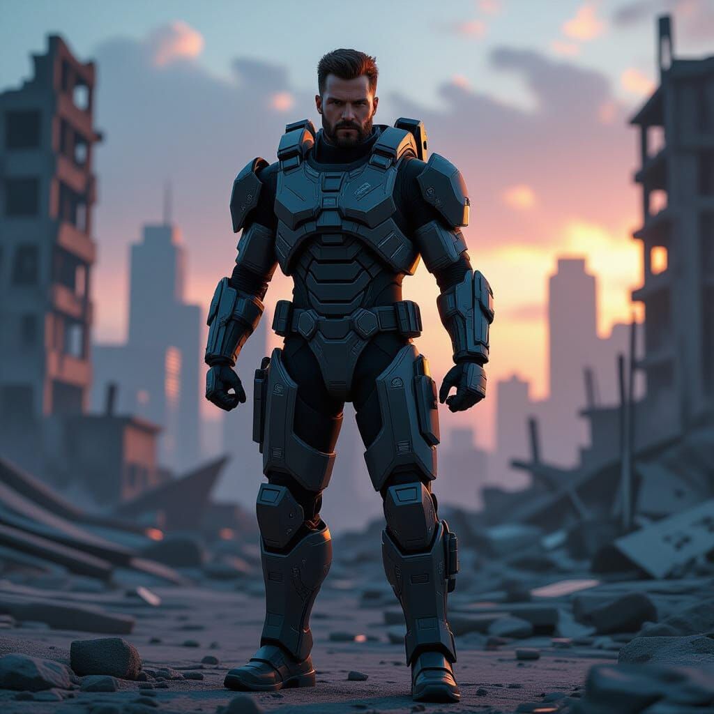 Dystopian Patriot in Post-Apocalyptic Cityscape