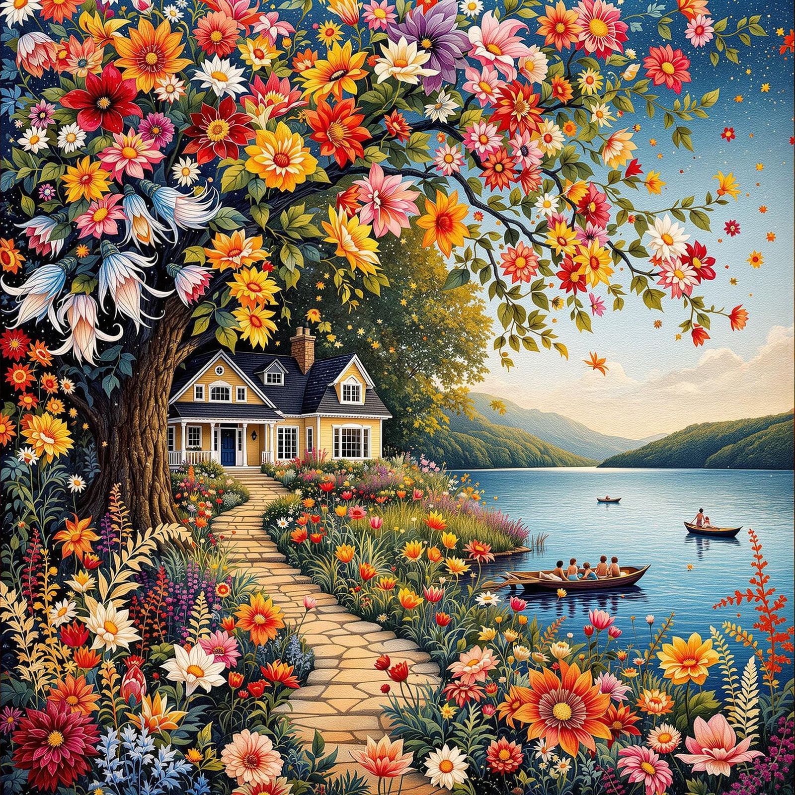 Whimsical Lakefront Home Tapestry in Vibrant Textile Art