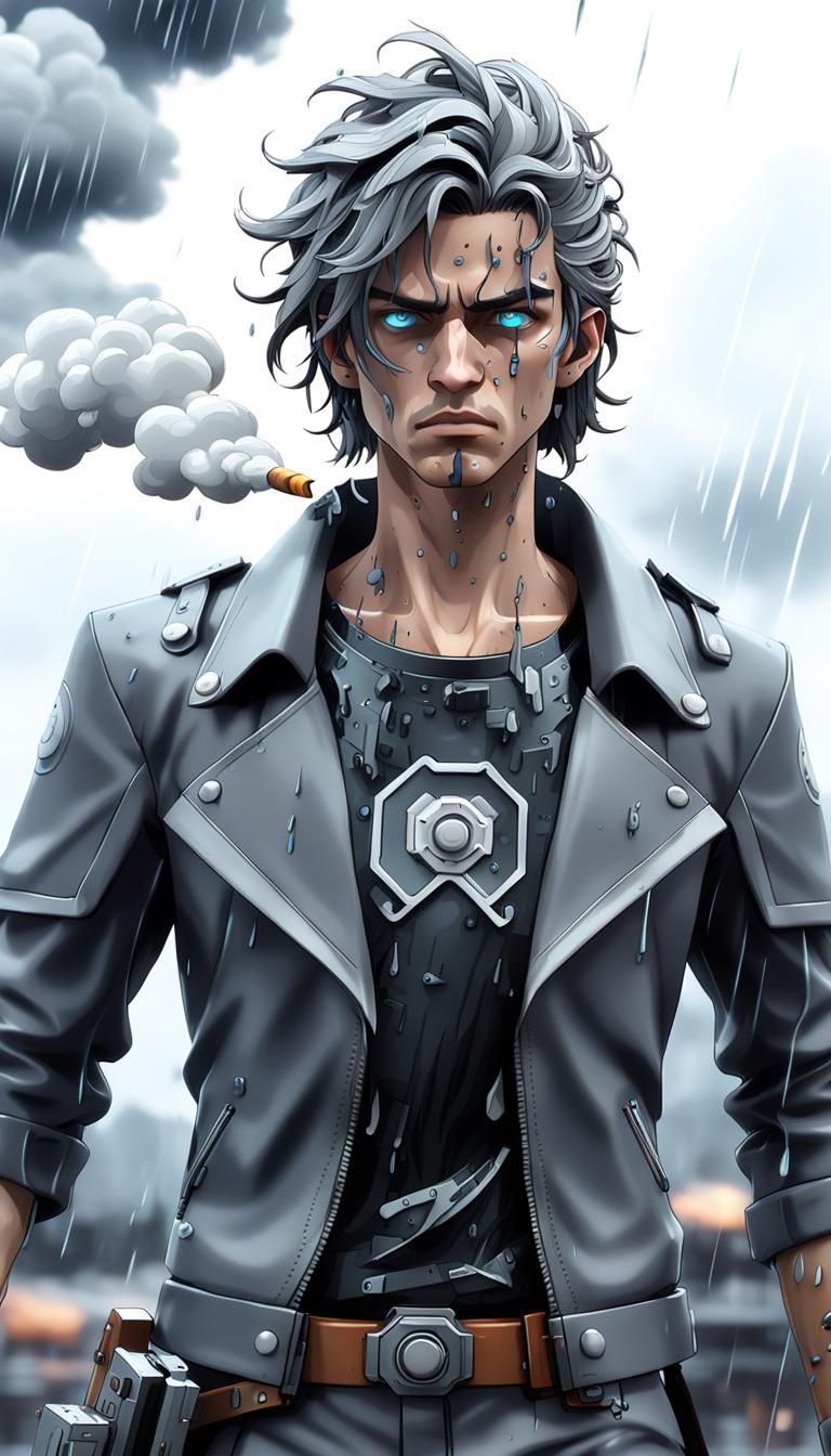 Miserable Hero with Raincloud in Sci-Fi Setting
