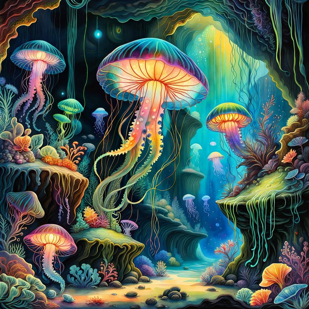 Bioluminescent Rainbow Jellyfish in Neon Underwater Cave