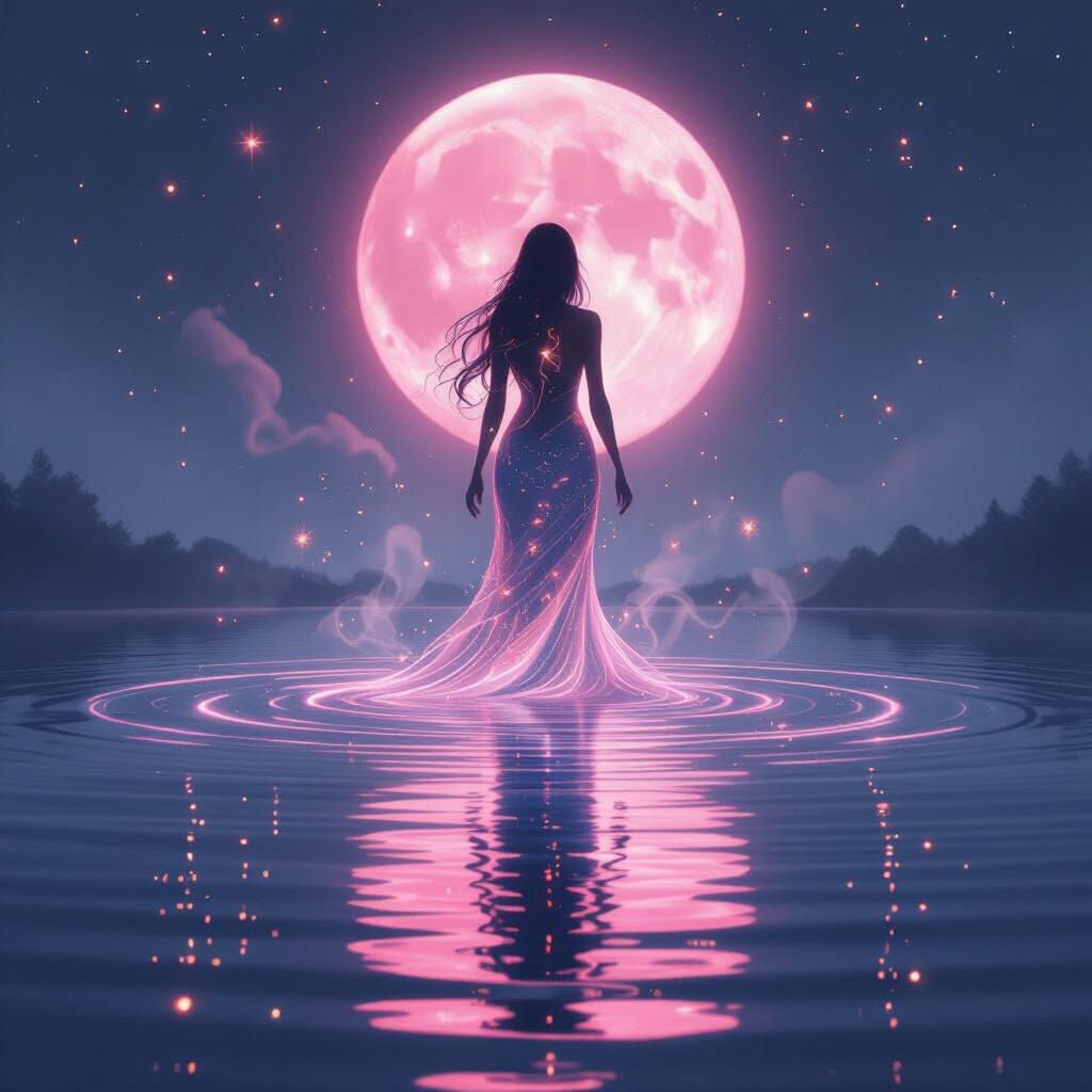 Ethereal Pink Moon Awakening Over Glassy Lake