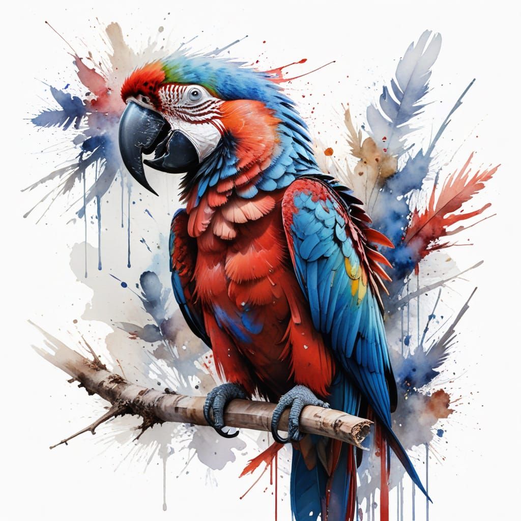 Colorful Macaw on Branch in Watercolor Style