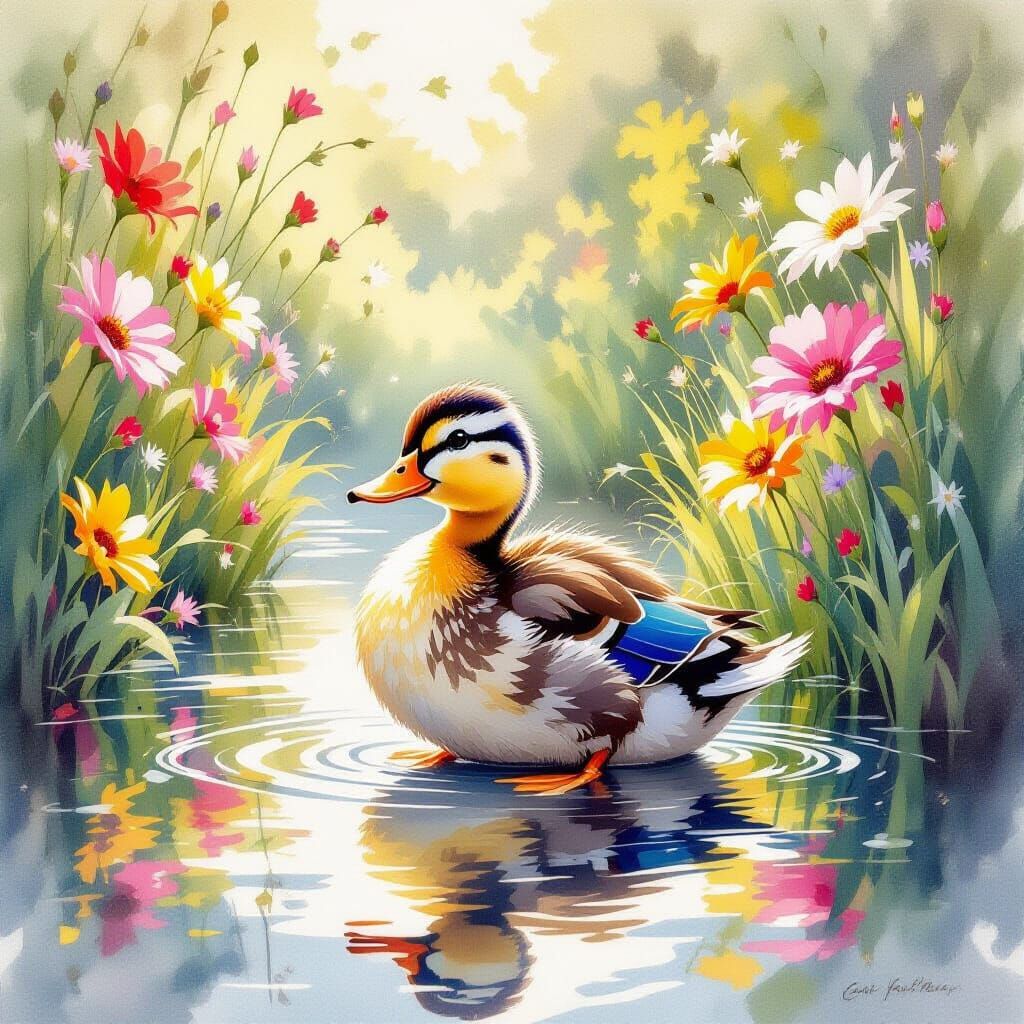 Playful Duckling in Sunlit River Garden Watercolour