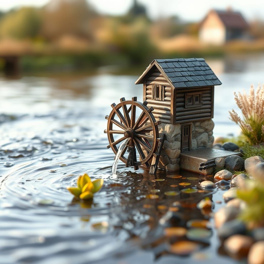 Miniature Water Wheel on a Serene River Millpond