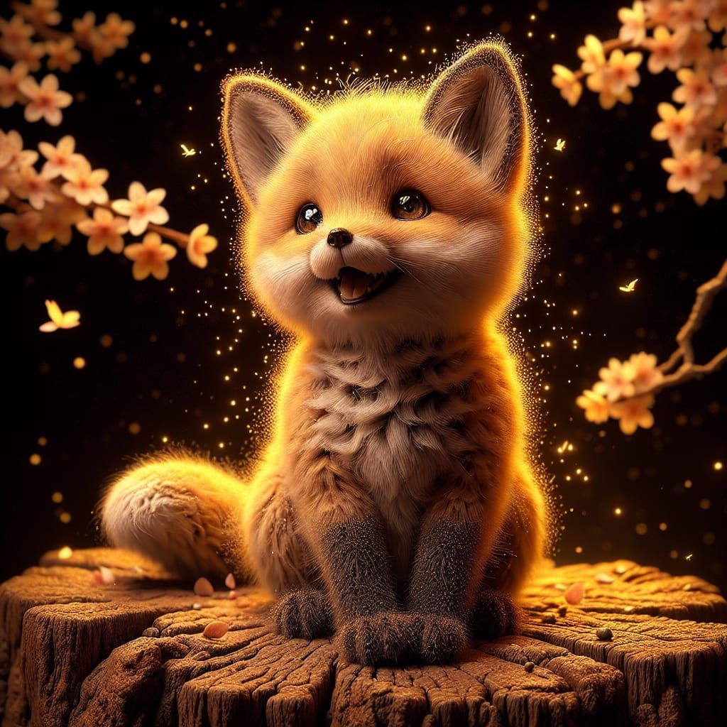 Delighted Fox Cub in Magical Night Scene