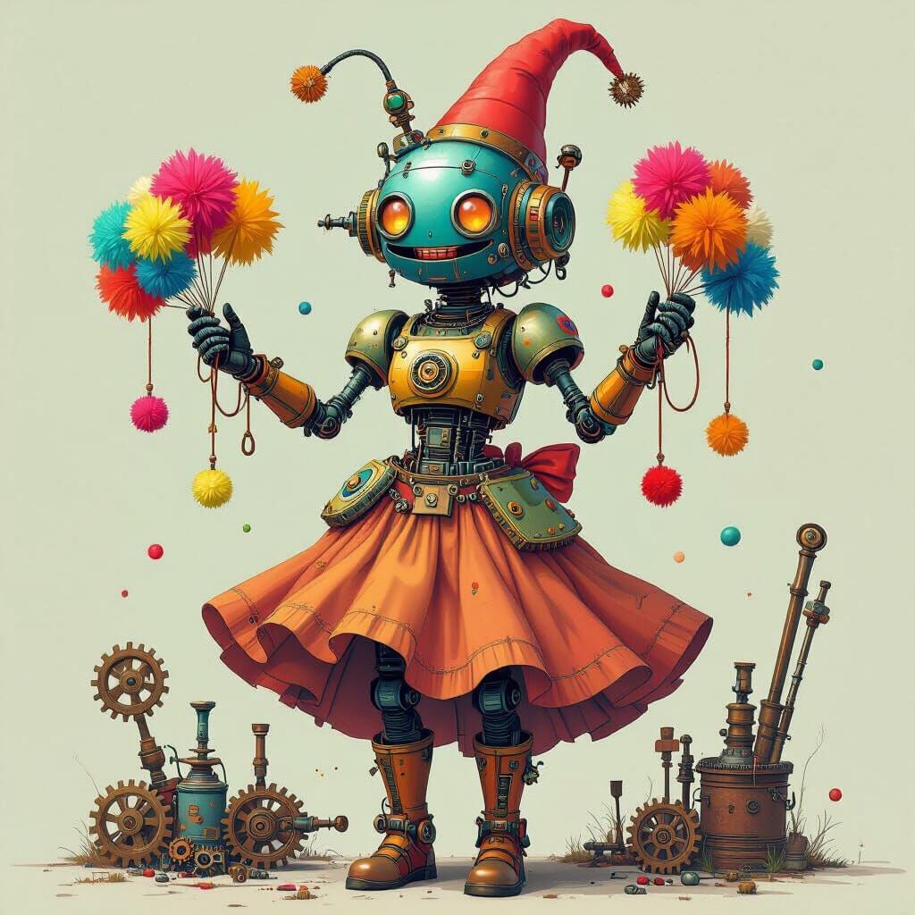 Gnome Crafts Robot Woman in Steampunk Style