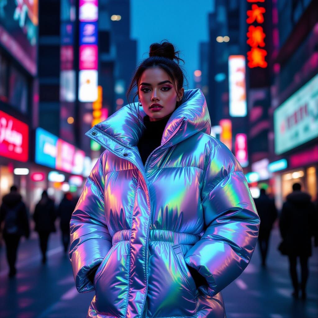 Futuristic Fashion: Woman in Iridescent Puffer Suit